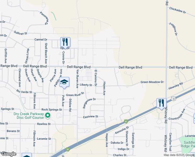 map of restaurants, bars, coffee shops, grocery stores, and more near 5423 Hayes Avenue in Cheyenne