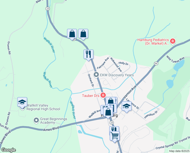 map of restaurants, bars, coffee shops, grocery stores, and more near 65 New Jersey 23 in Hamburg