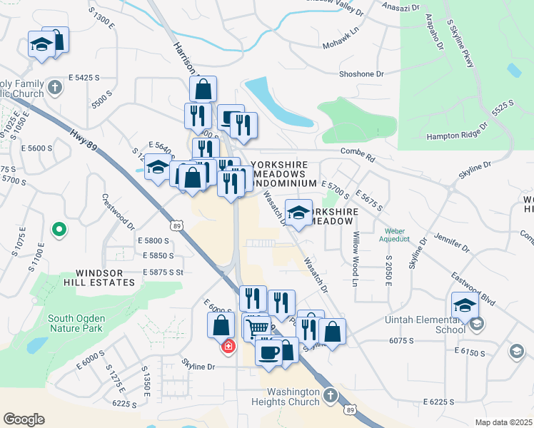 map of restaurants, bars, coffee shops, grocery stores, and more near 5725 Wasatch Drive in Ogden