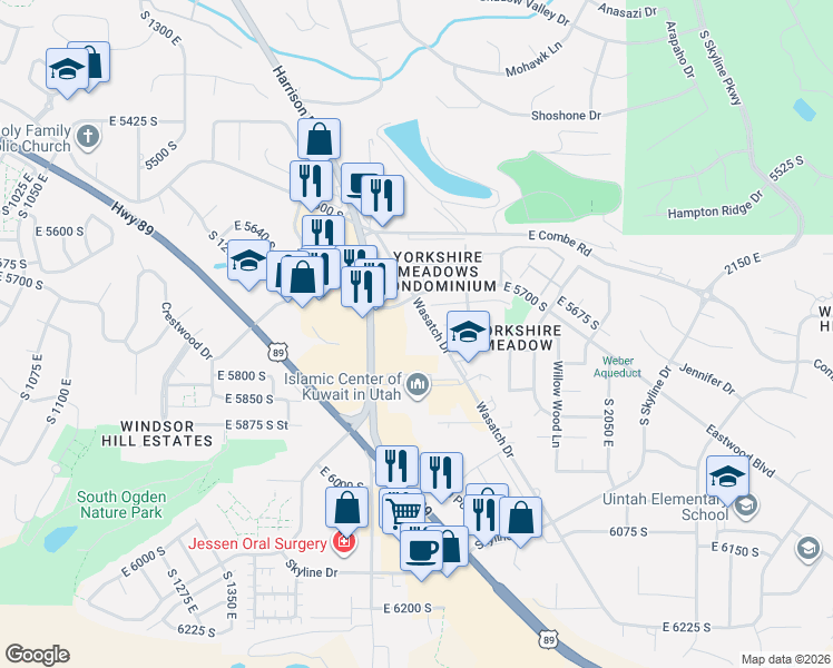 map of restaurants, bars, coffee shops, grocery stores, and more near 5725 Wasatch Drive in Ogden