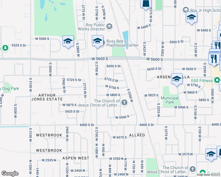 map of restaurants, bars, coffee shops, grocery stores, and more near 2610 5750 South Street in Roy