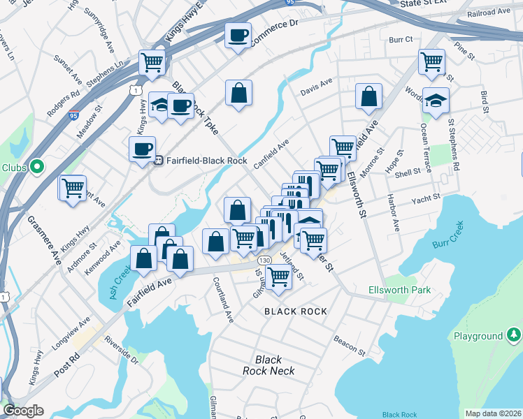 map of restaurants, bars, coffee shops, grocery stores, and more near 130 Wilson Street in Bridgeport