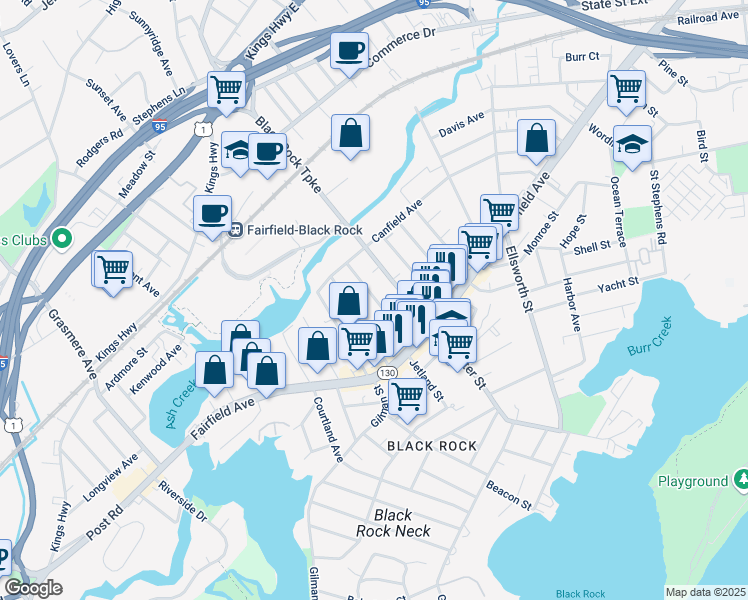 map of restaurants, bars, coffee shops, grocery stores, and more near 130 Wilson Street in Bridgeport