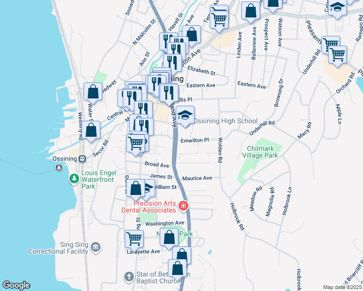 map of restaurants, bars, coffee shops, grocery stores, and more near 8 Emwilton Place in Ossining