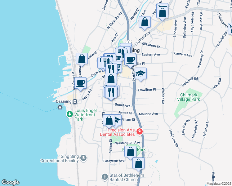 map of restaurants, bars, coffee shops, grocery stores, and more near 10 Croton Street in Ossining