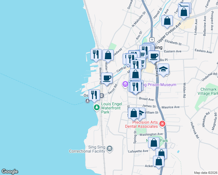 map of restaurants, bars, coffee shops, grocery stores, and more near 36 Main Street in Ossining