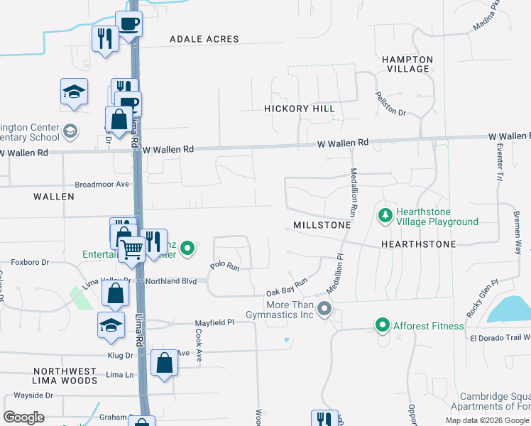 map of restaurants, bars, coffee shops, grocery stores, and more near 1033 Windsor Road in Fort Wayne