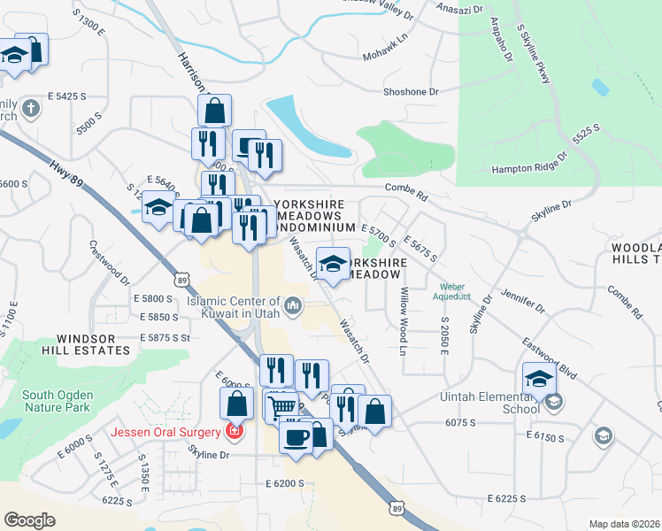 map of restaurants, bars, coffee shops, grocery stores, and more near 1847 East 5750 South in Ogden