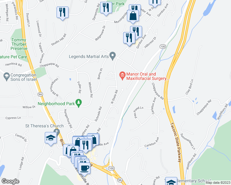 map of restaurants, bars, coffee shops, grocery stores, and more near 352 North State Road in Briarcliff Manor