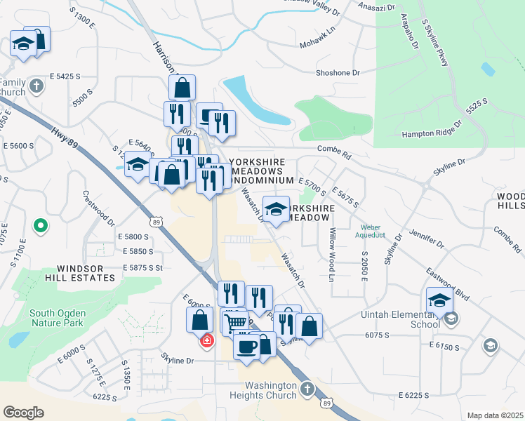 map of restaurants, bars, coffee shops, grocery stores, and more near 1805 East 5750 South in Ogden