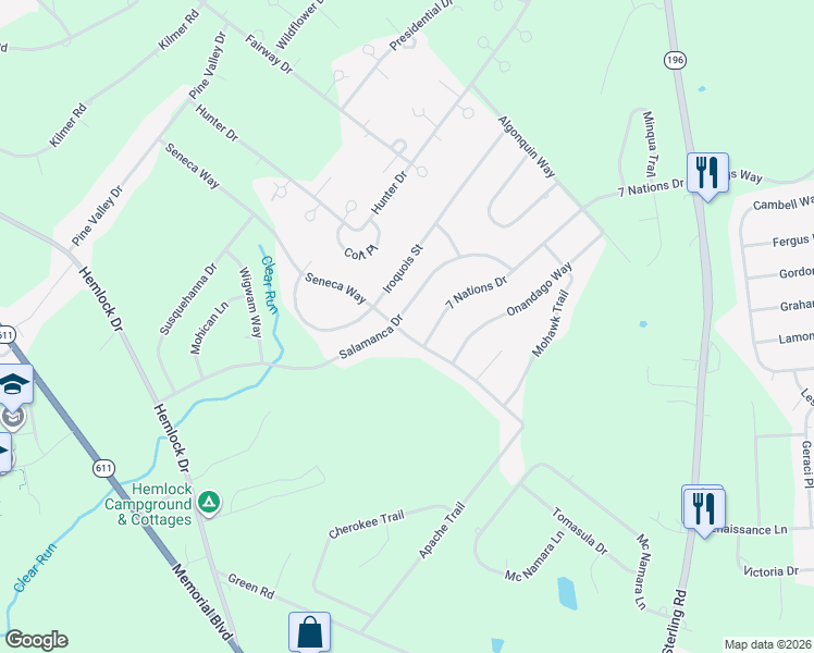 map of restaurants, bars, coffee shops, grocery stores, and more near 5834 Seneca Way in Tobyhanna