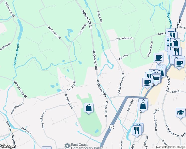 map of restaurants, bars, coffee shops, grocery stores, and more near 561 Belden Hill Road in Wilton
