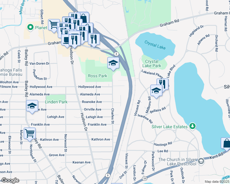 map of restaurants, bars, coffee shops, grocery stores, and more near 3305 Charles St in Cuyahoga Falls