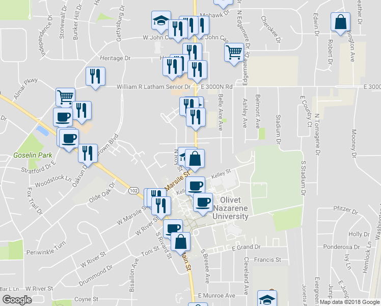 map of restaurants, bars, coffee shops, grocery stores, and more near 159 North Convent Street in Bourbonnais