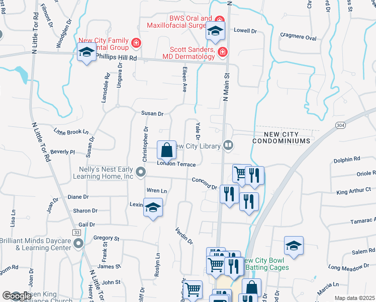 map of restaurants, bars, coffee shops, grocery stores, and more near 6 Yale Drive in New City