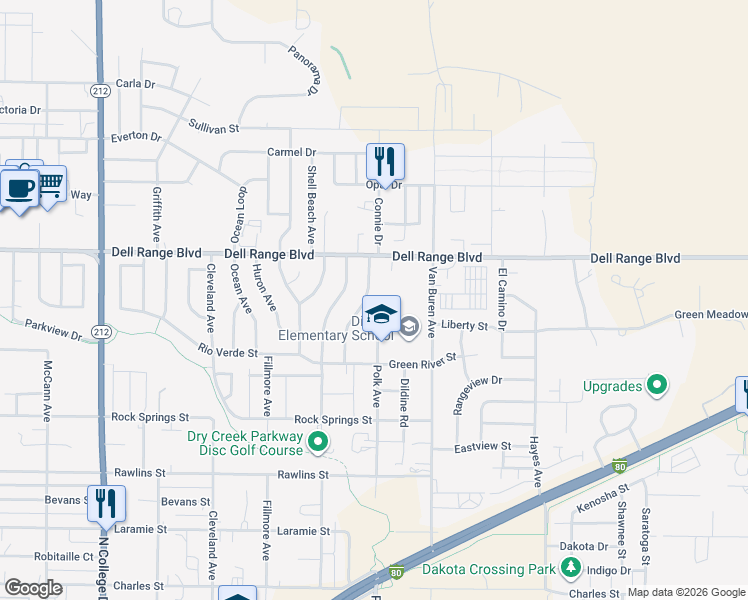 map of restaurants, bars, coffee shops, grocery stores, and more near 4339 Polk Avenue in Cheyenne
