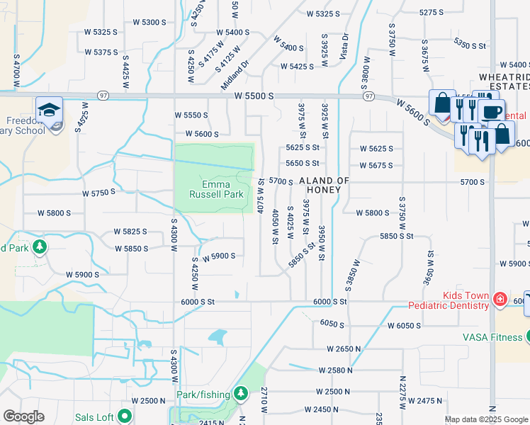 map of restaurants, bars, coffee shops, grocery stores, and more near 5756 4075 West Street in Roy