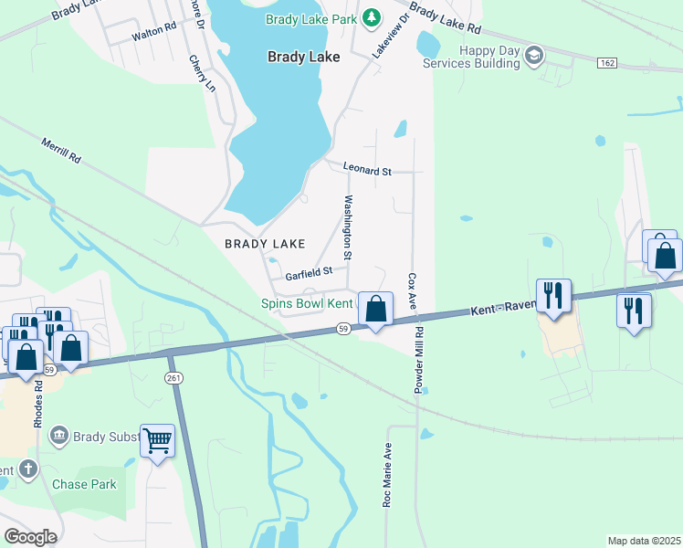 map of restaurants, bars, coffee shops, grocery stores, and more near 6181 Washington Street in Ravenna