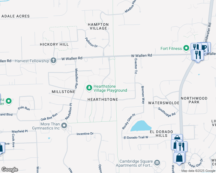 map of restaurants, bars, coffee shops, grocery stores, and more near 8615 Deer Brook Pl in Fort Wayne
