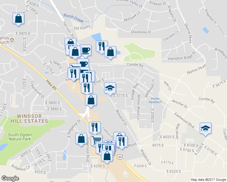 map of restaurants, bars, coffee shops, grocery stores, and more near 1847 East 5750 South in Ogden