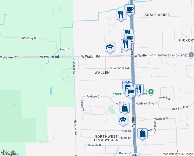 map of restaurants, bars, coffee shops, grocery stores, and more near 2106 Gillmore Drive in Fort Wayne