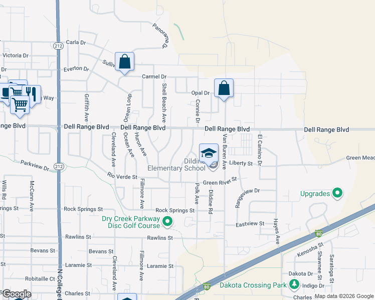 map of restaurants, bars, coffee shops, grocery stores, and more near 4339 Polk Avenue in Cheyenne