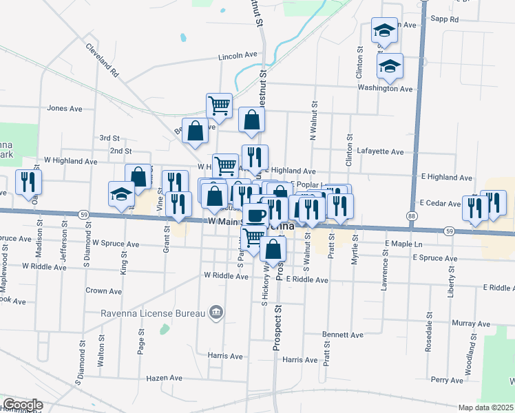 map of restaurants, bars, coffee shops, grocery stores, and more near 122 North Chestnut Street in Ravenna