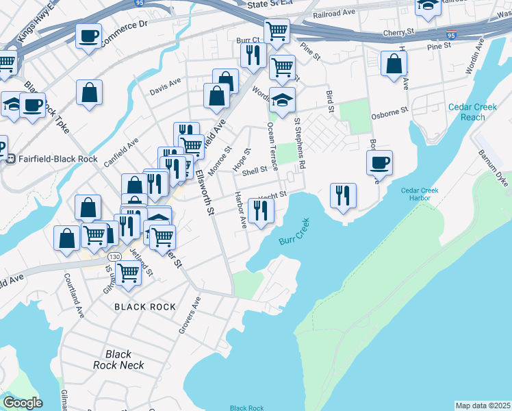 map of restaurants, bars, coffee shops, grocery stores, and more near 44 Yacht Street in Bridgeport