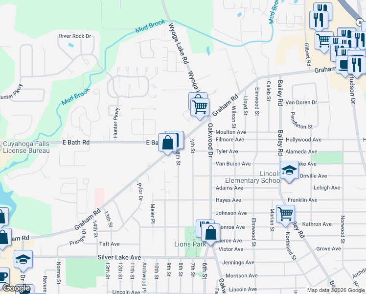 map of restaurants, bars, coffee shops, grocery stores, and more near 544 Graham Road in Cuyahoga Falls
