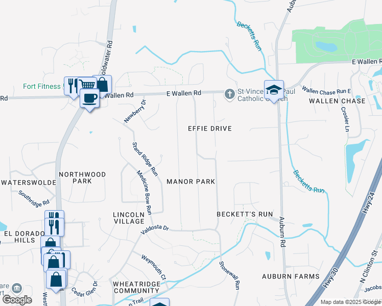 map of restaurants, bars, coffee shops, grocery stores, and more near 8430 Manor Drive in Fort Wayne