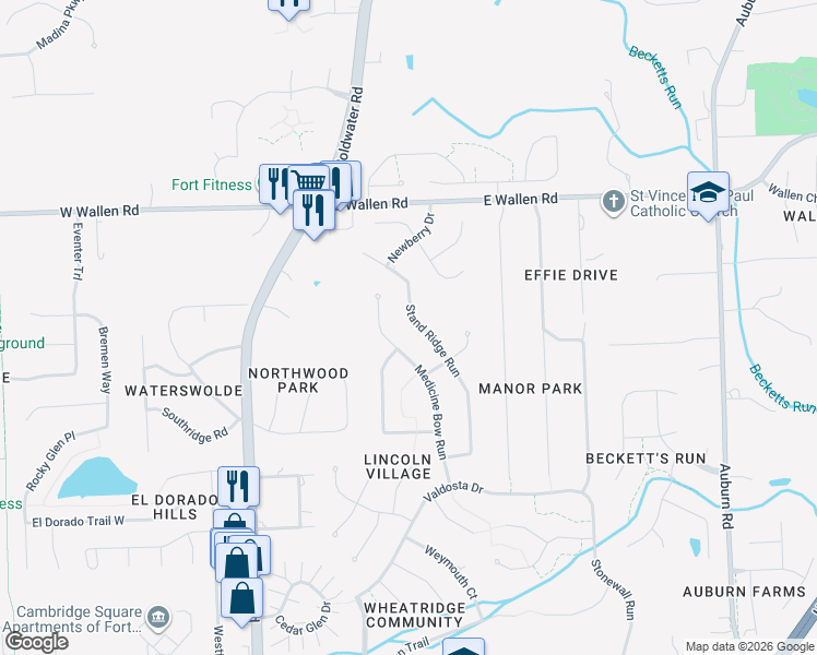 map of restaurants, bars, coffee shops, grocery stores, and more near 8527 Stand Ridge Run in Fort Wayne