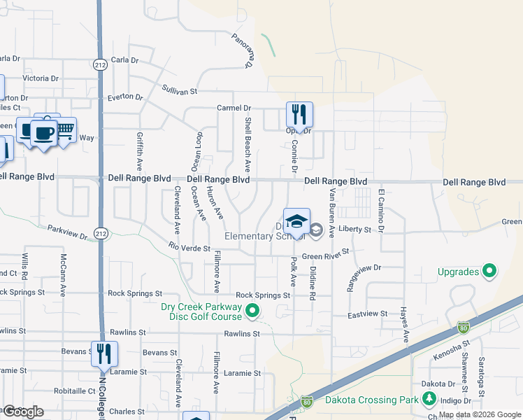 map of restaurants, bars, coffee shops, grocery stores, and more near 4505 Pierce Avenue in Cheyenne