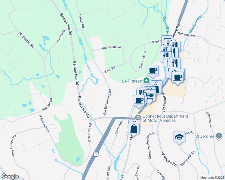 map of restaurants, bars, coffee shops, grocery stores, and more near 88 Silvermine Crossing in Norwalk