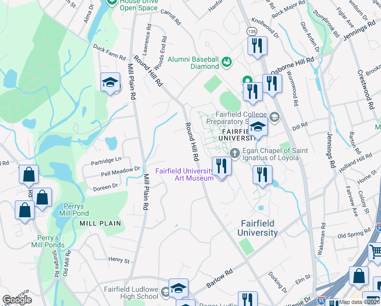 map of restaurants, bars, coffee shops, grocery stores, and more near 1091 Round Hill Road in Fairfield