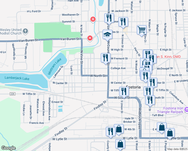 map of restaurants, bars, coffee shops, grocery stores, and more near 500 West North Street in Fostoria