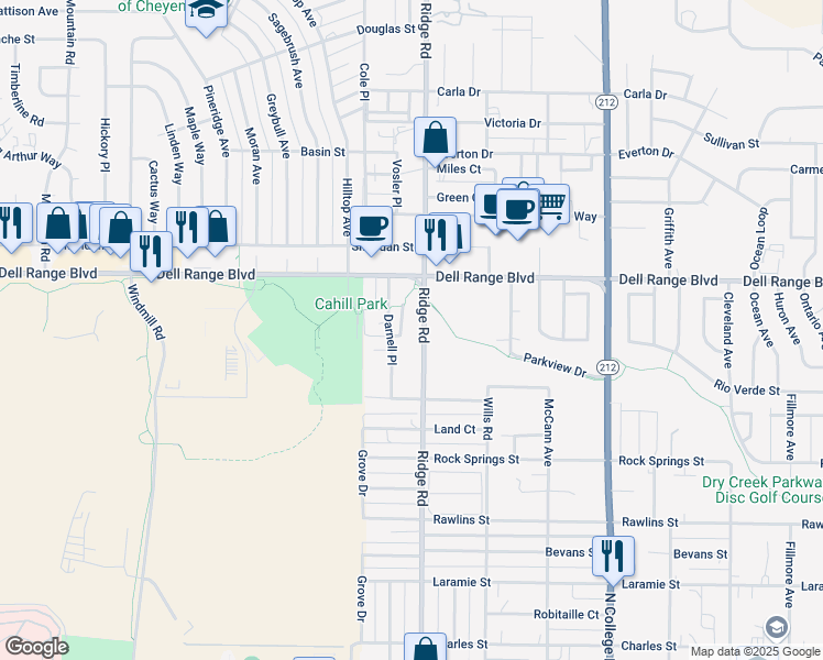 map of restaurants, bars, coffee shops, grocery stores, and more near 4406 Ridge Road in Cheyenne