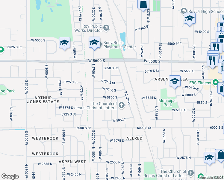 map of restaurants, bars, coffee shops, grocery stores, and more near 2610 5750 South Street in Roy