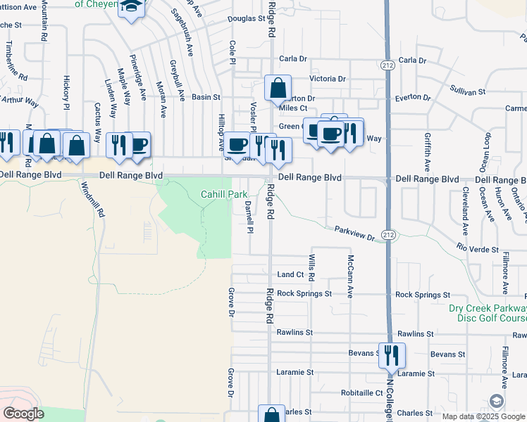 map of restaurants, bars, coffee shops, grocery stores, and more near 4406 Ridge Rd in Cheyenne