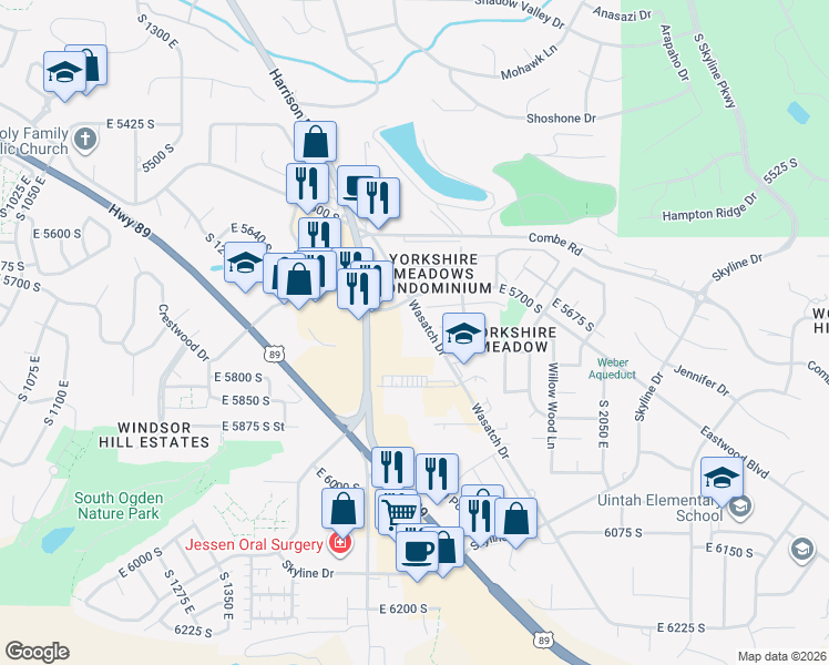 map of restaurants, bars, coffee shops, grocery stores, and more near 5725 Wasatch Drive in Ogden