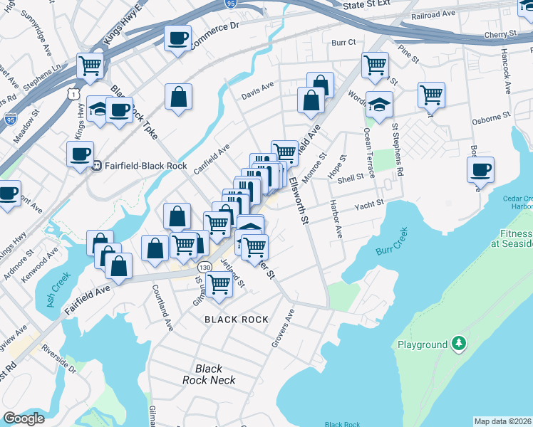 map of restaurants, bars, coffee shops, grocery stores, and more near 71 Melrose Avenue in Bridgeport
