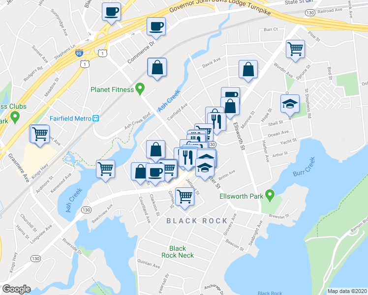 map of restaurants, bars, coffee shops, grocery stores, and more near 702 Brewster Street in Bridgeport