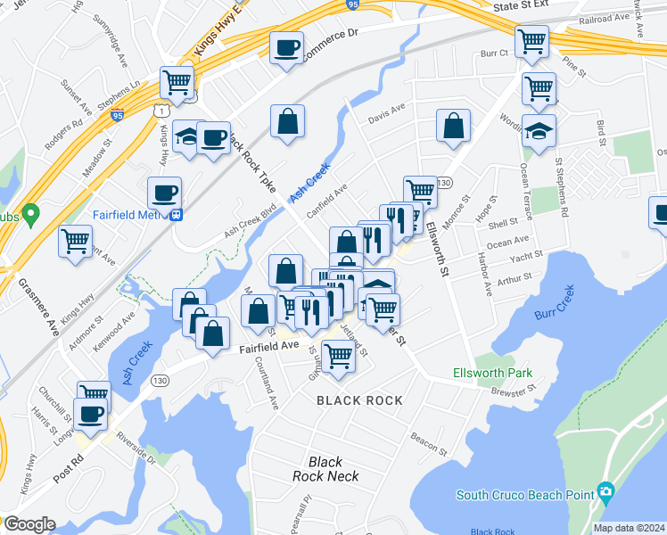 map of restaurants, bars, coffee shops, grocery stores, and more near 130 Wilson Street in Bridgeport