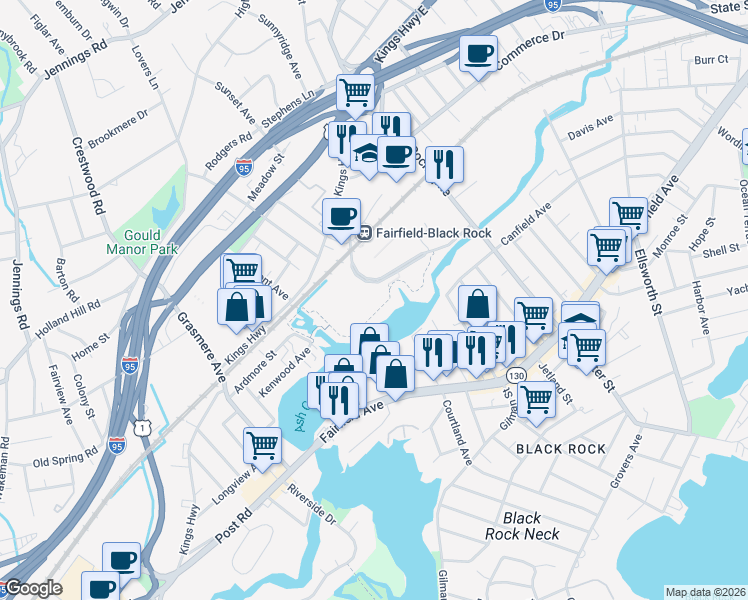 map of restaurants, bars, coffee shops, grocery stores, and more near 635-645 Canfield Ave Exn in Bridgeport