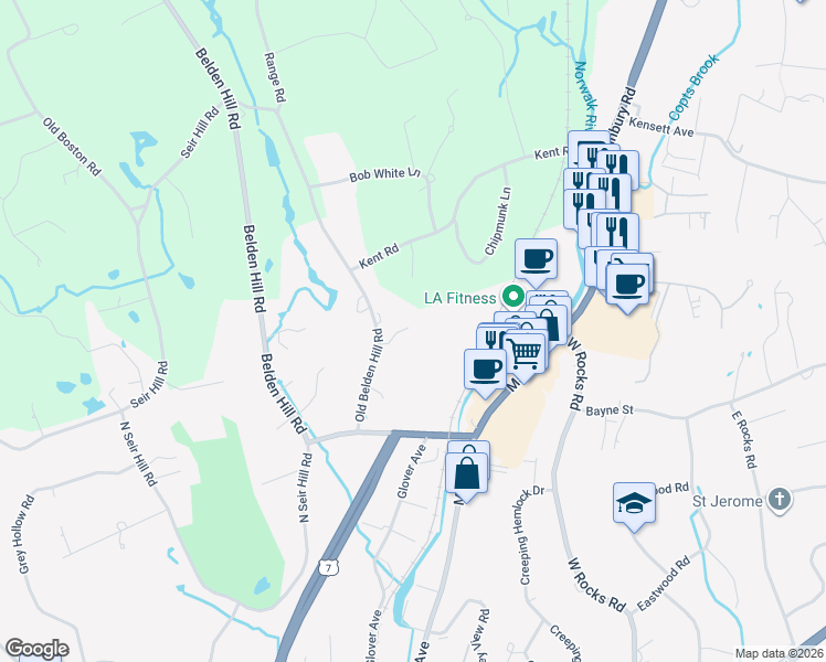 map of restaurants, bars, coffee shops, grocery stores, and more near 88 Silvermine Crossing in Norwalk
