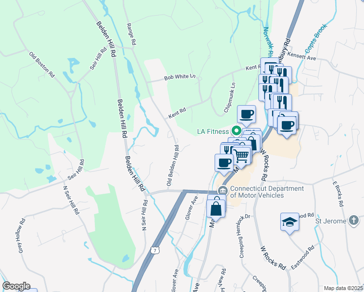 map of restaurants, bars, coffee shops, grocery stores, and more near 88 Silvermine Crossing in Norwalk