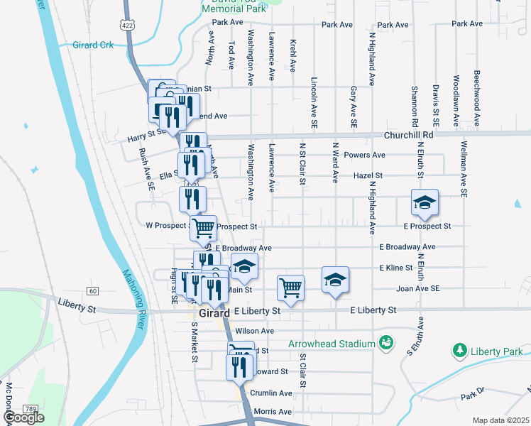 map of restaurants, bars, coffee shops, grocery stores, and more near 420 Lawrence Avenue in Girard
