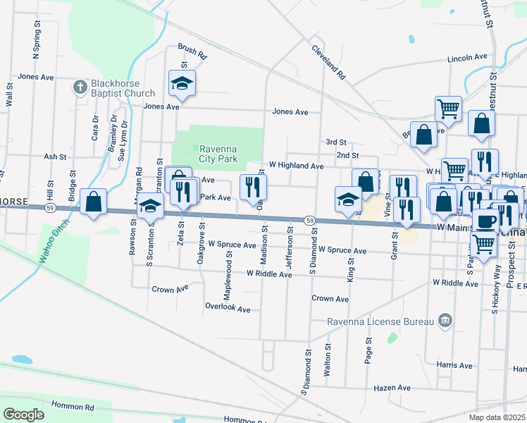 map of restaurants, bars, coffee shops, grocery stores, and more near 856 West Main Street in Ravenna
