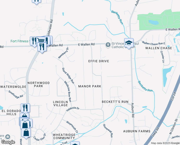 map of restaurants, bars, coffee shops, grocery stores, and more near 8430 Manor Drive in Fort Wayne