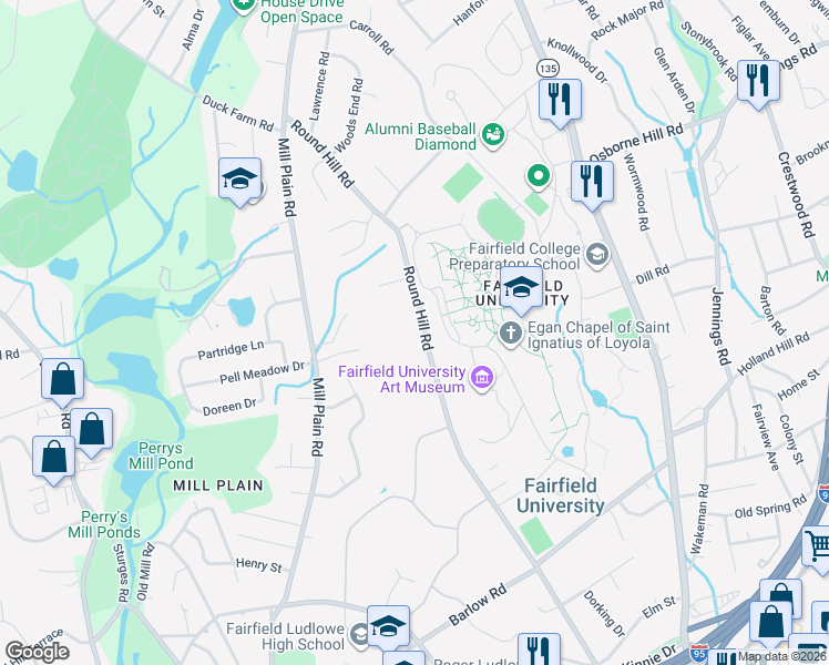 map of restaurants, bars, coffee shops, grocery stores, and more near 1091 Round Hill Road in Fairfield