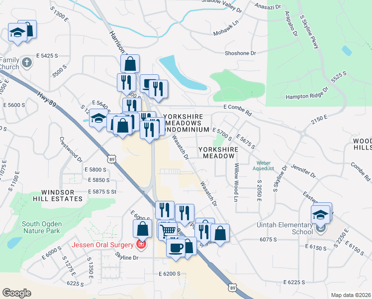 map of restaurants, bars, coffee shops, grocery stores, and more near 1805 East 5750 South in Ogden